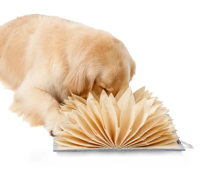 Golden retriever sniffing treats hidden in a beige accordion snuffle mat