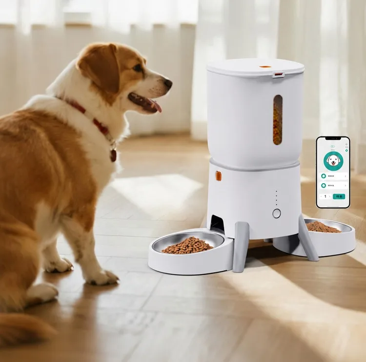White automatic pet feeder with two stainless steel bowls and a dog waiting beside it
