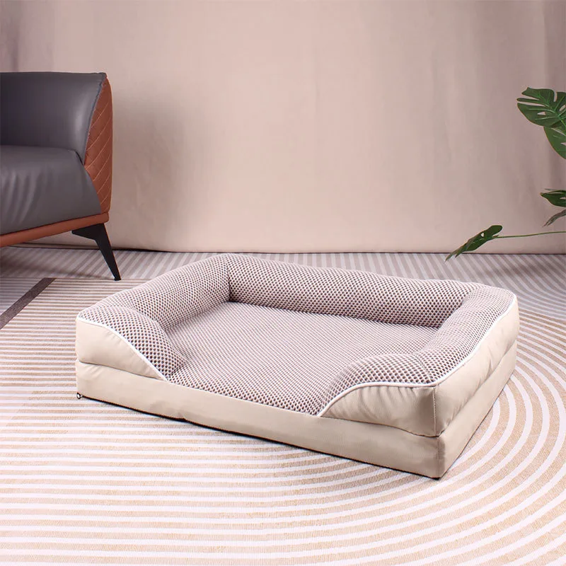 Bolster sofa dog bed in beige with a breathable mesh sleeping surface