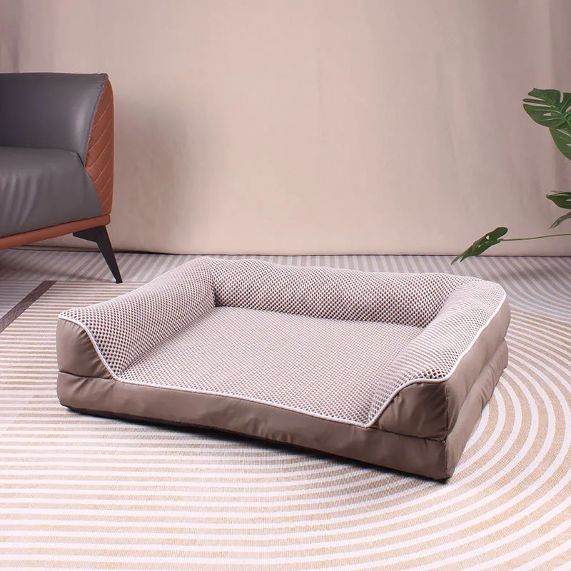 Bolster sofa dog bed in brown with a breathable mesh sleeping surface