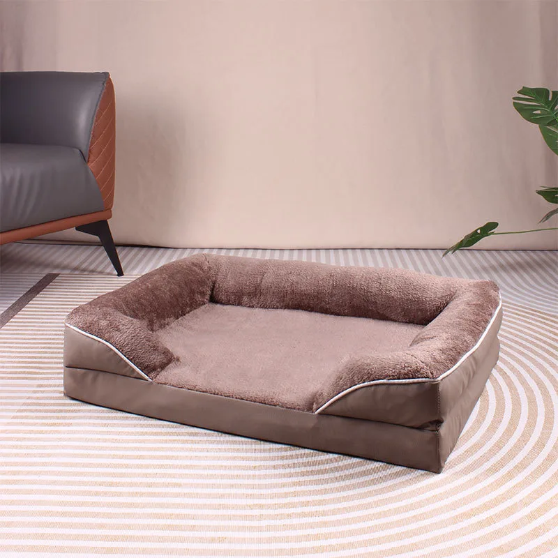 Bolster sofa dog bed in brown with a plush sleeping surface