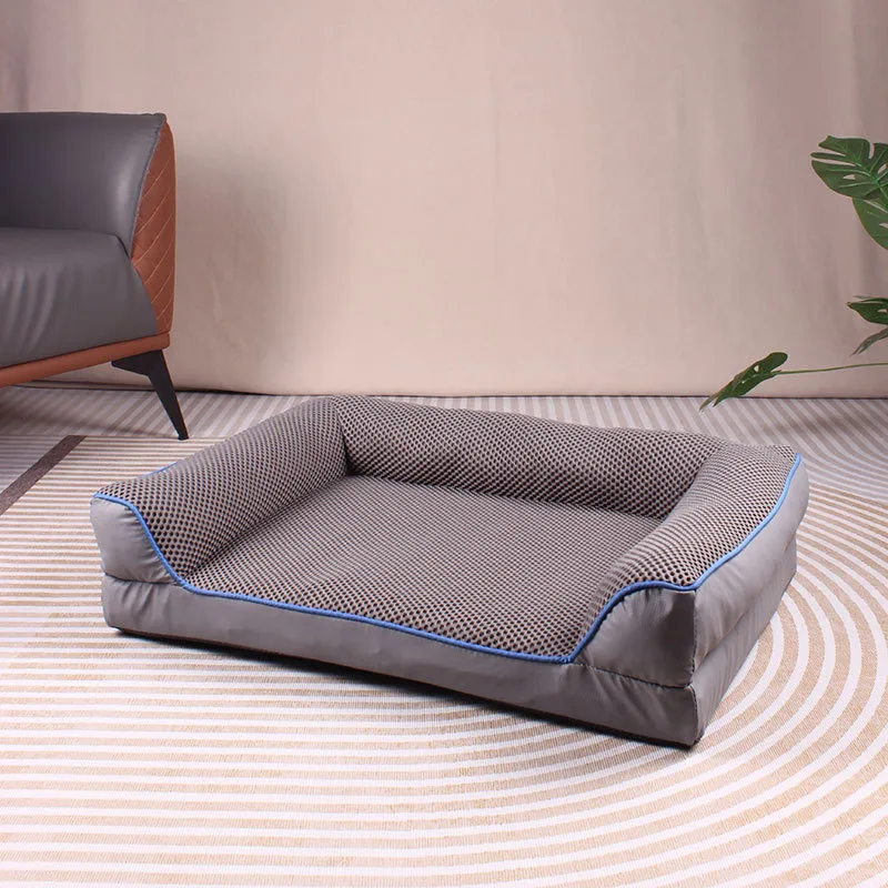 Bolster sofa dog bed in grey with a breathable mesh sleeping surface