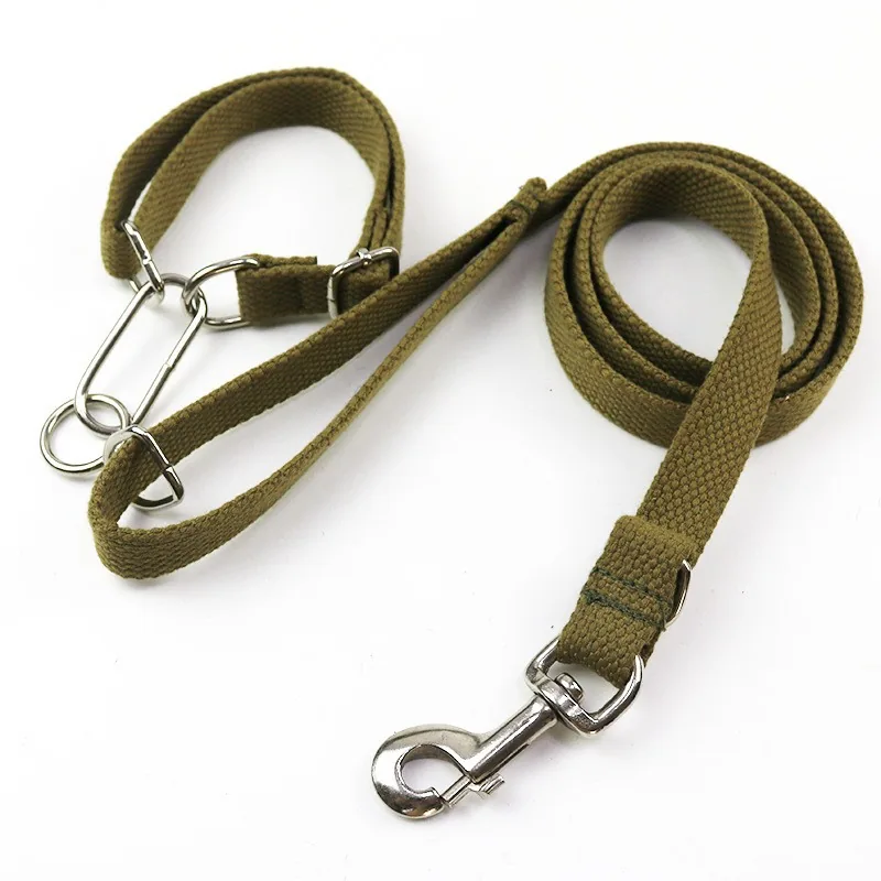 Cotton canvas dog leash and matching collar laid flat, army green