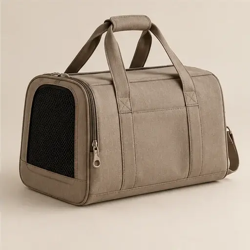Soft-sided pet carrier bag in a warm taupe fabric