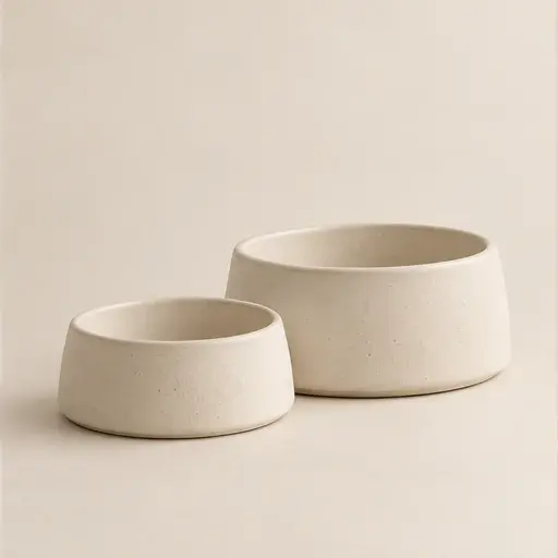 Minimal ceramic pet bowls in warm neutral tones