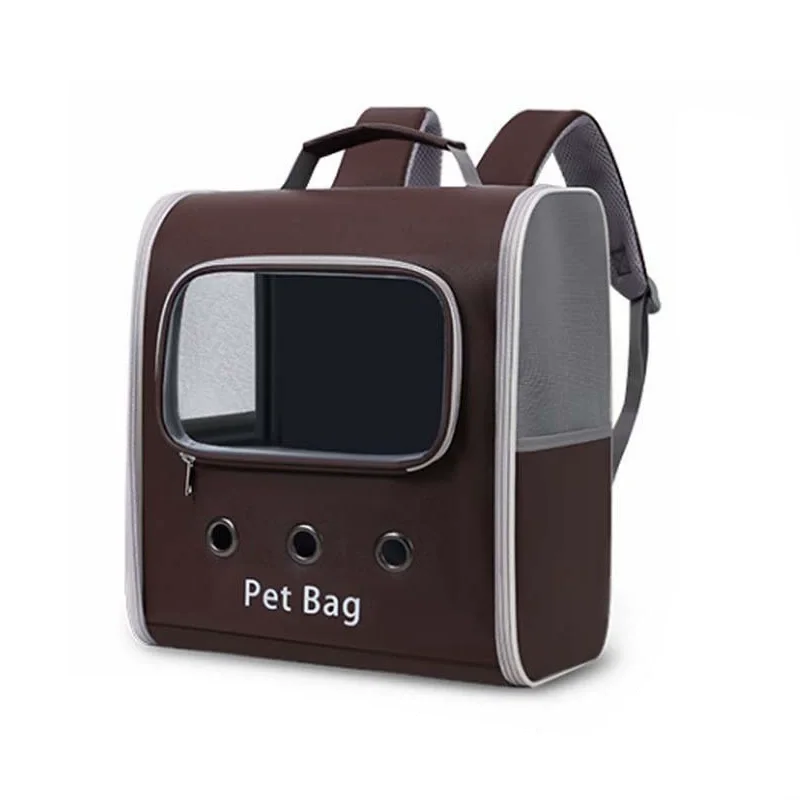 Brown large-capacity expandable cat backpack, three-quarter front view