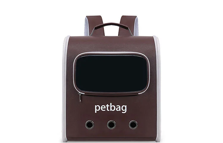 Brown large-capacity expandable cat backpack, front view with transparent window