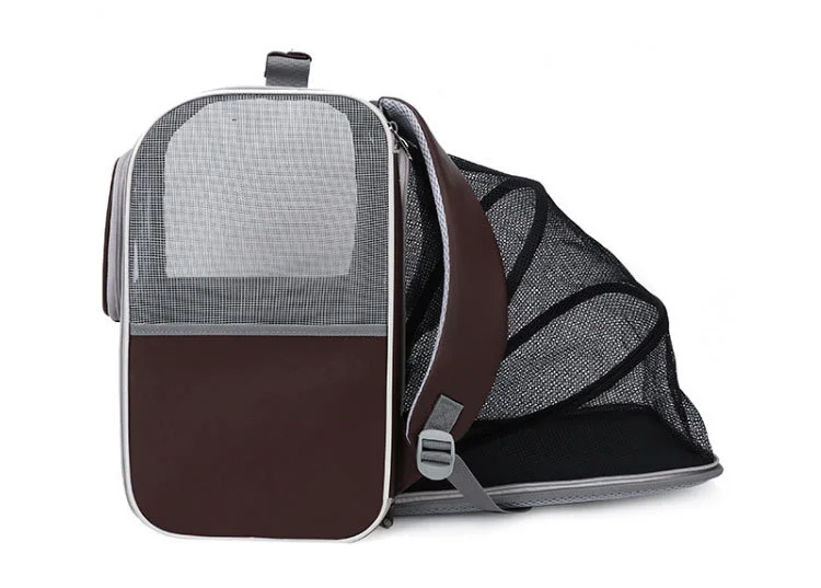 Brown expandable cat backpack with expanded side panel, alternate view