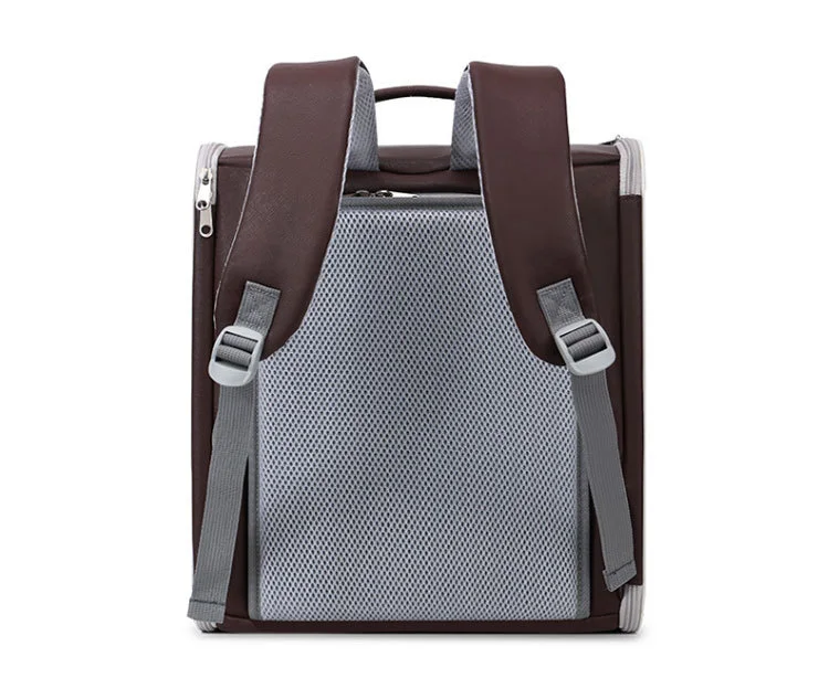 Brown expandable cat backpack, back view with shoulder straps