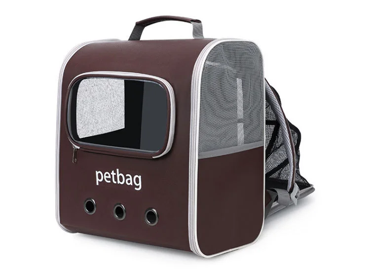 Brown expandable cat backpack, angled side window view