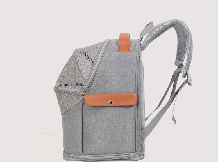 Foldable mesh pet backpack in grey, side view