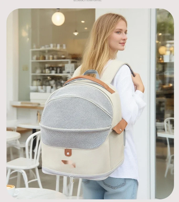 Foldable mesh pet backpack in cream, worn on the back