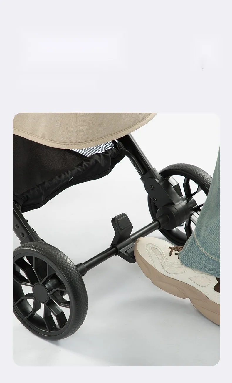 Close-up of the foldable pet stroller rear wheel brake pedal