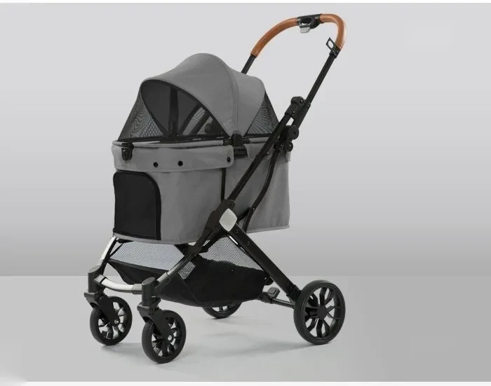 Foldable pet stroller in grey, side view