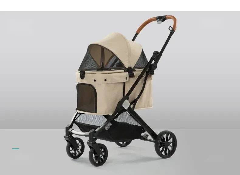 Foldable pet stroller in khaki with mesh canopy and storage basket
