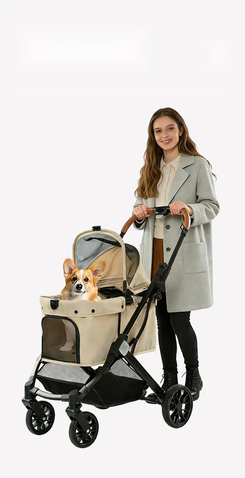 Woman pushing a foldable pet stroller with a corgi inside