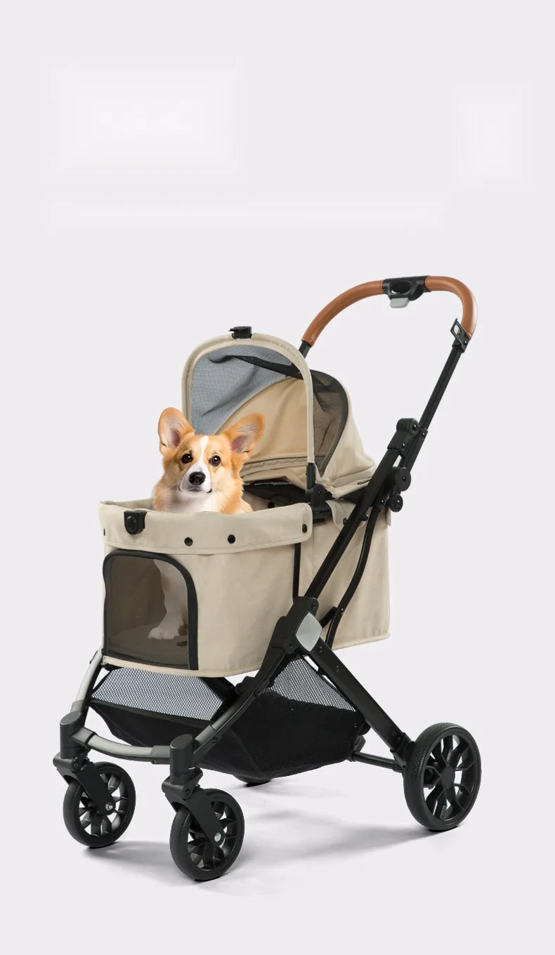 Foldable pet stroller with canopy open and a corgi inside