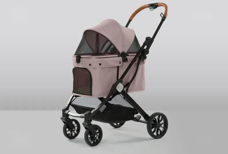 Foldable pet stroller in pink, side view