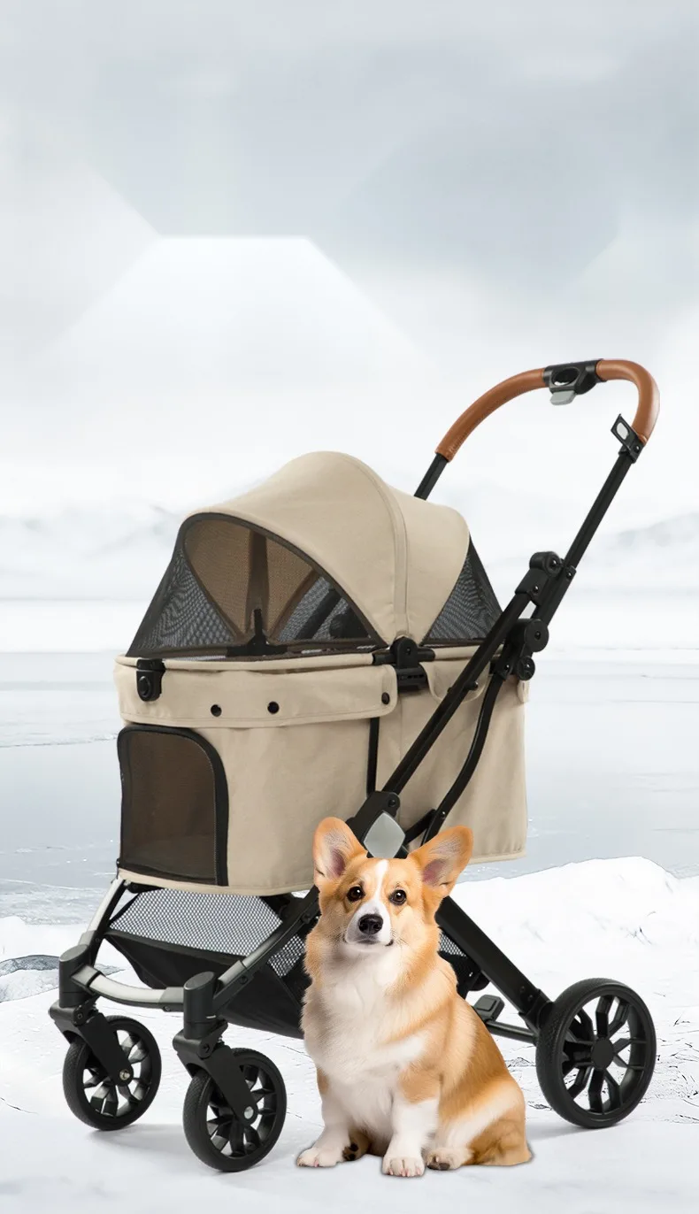 Khaki foldable pet stroller with a corgi sitting beside it