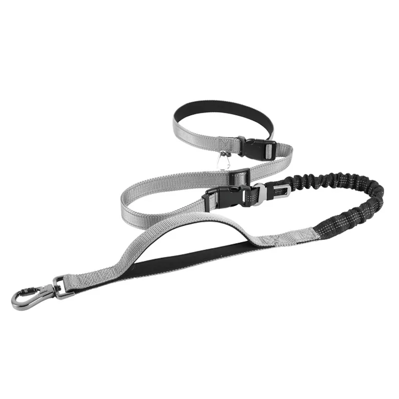Hands-free crossbody dog leash in grey, full view on a white background