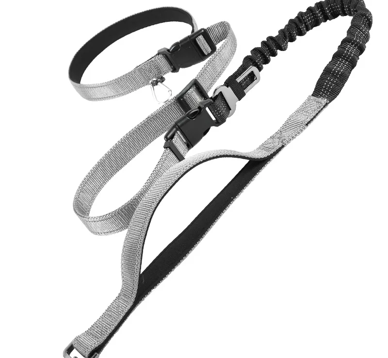 Hands-free crossbody dog leash in grey, angled full view