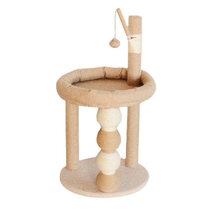 Beige cat scratching perch with round rest platform and sisal ball post on a white background