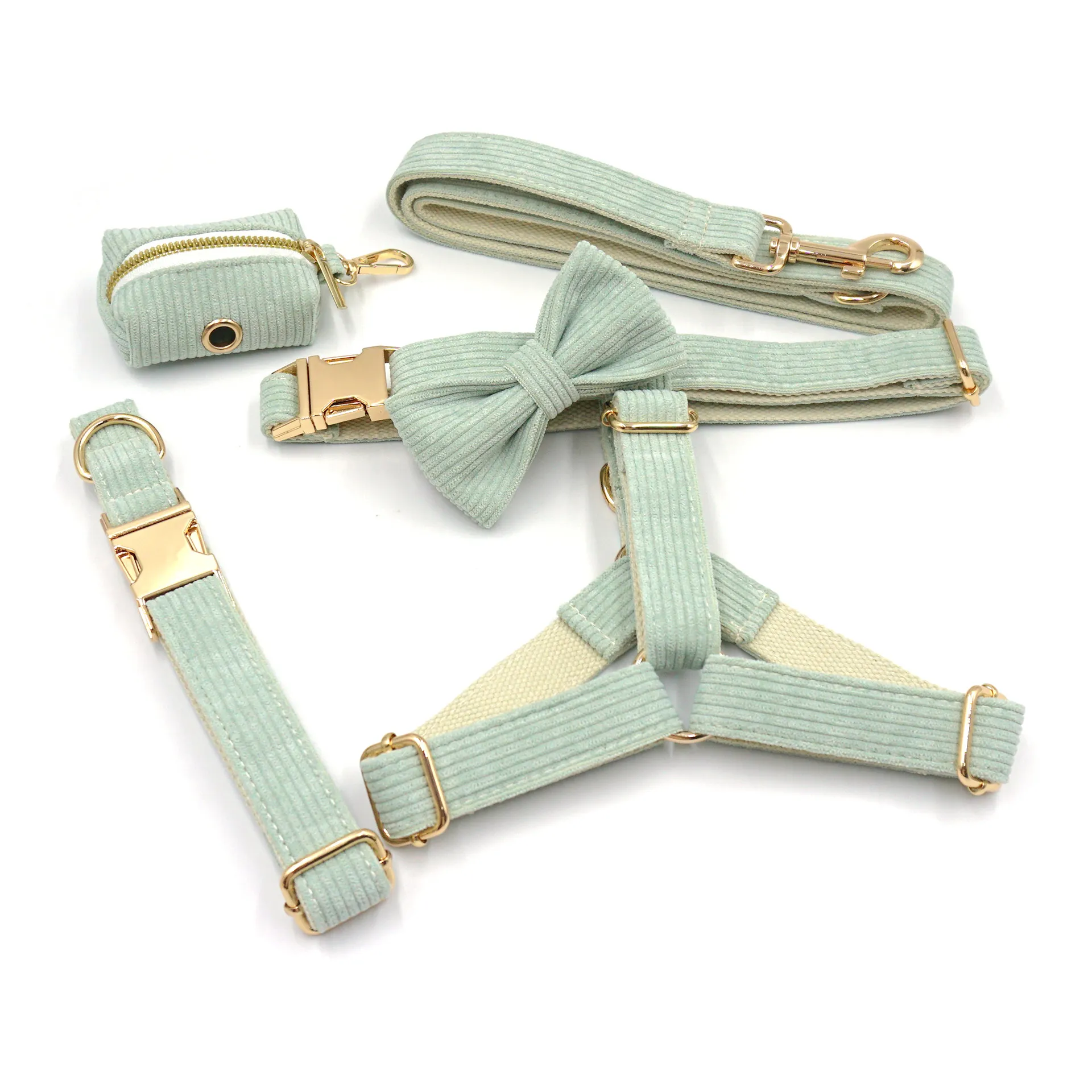 Mint Corduroy Dog Harness Set
