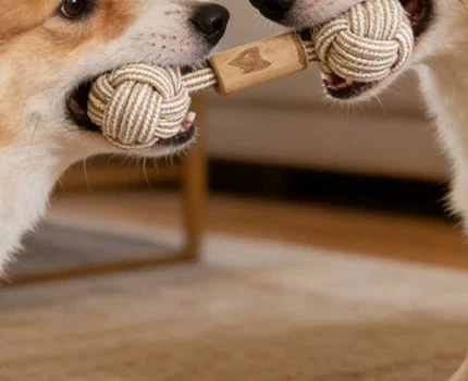 Natural Cotton Rope Dog Toy - two corgis playing tug with the ball and wood rope toy