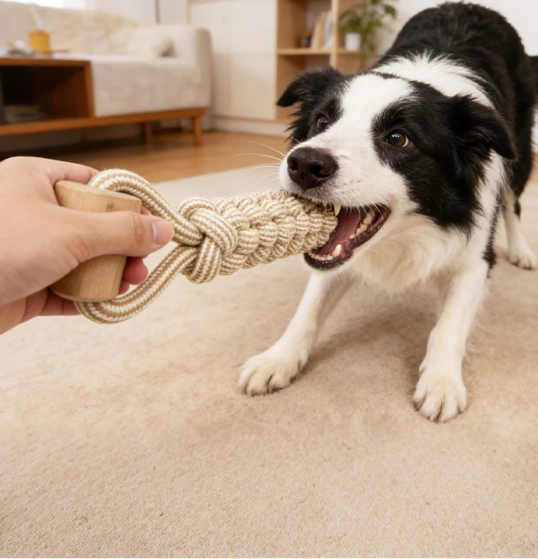 Natural Cotton Rope Dog Toy - border collie playing tug with the braided rope toy