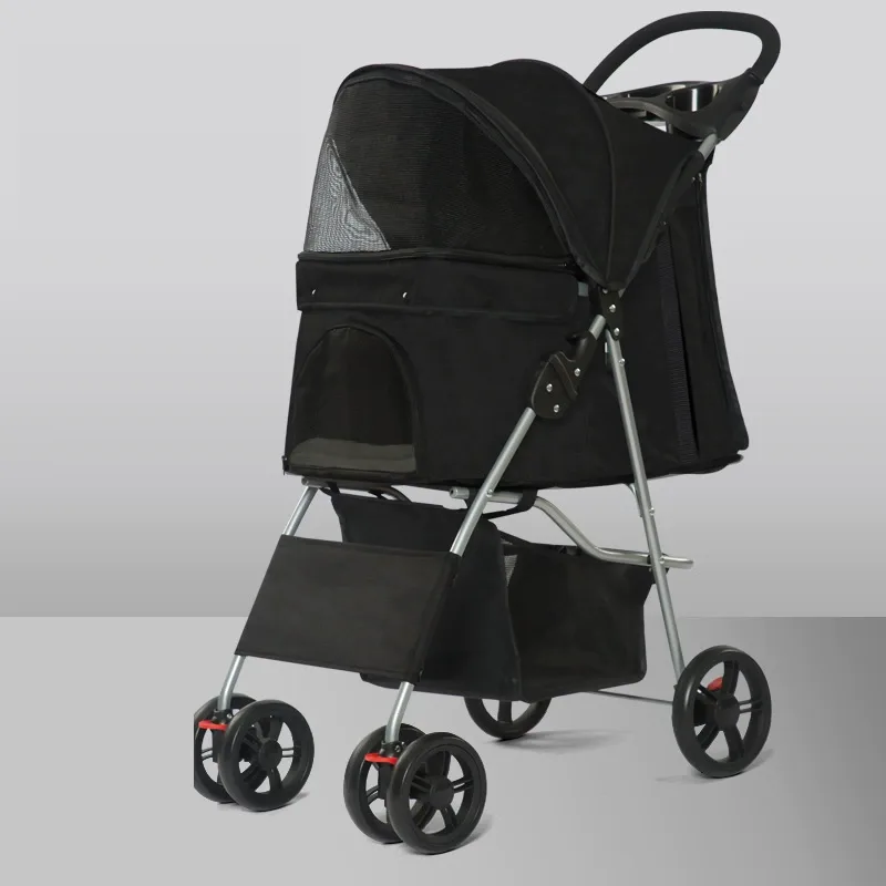 Black foldable pet stroller with mesh canopy, studio view