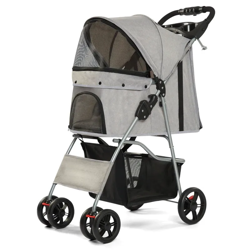 Grey foldable pet stroller with mesh canopy on a white background