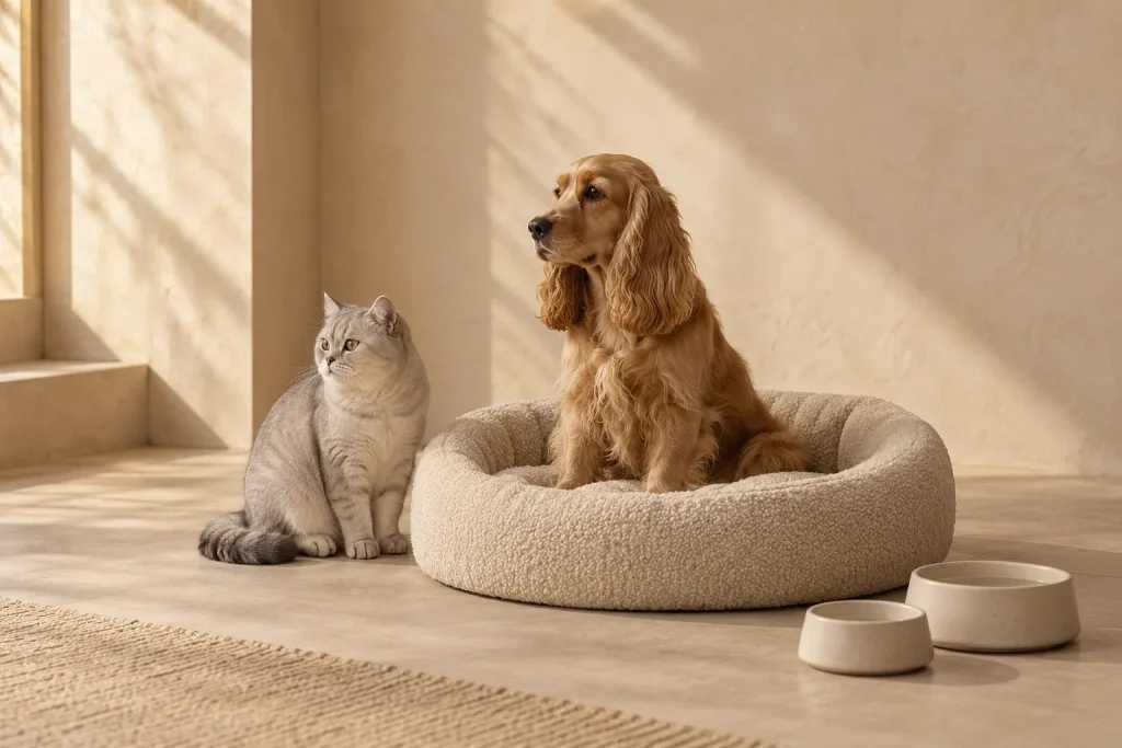 A cocker spaniel and a British Shorthair cat in a warm sunlit home