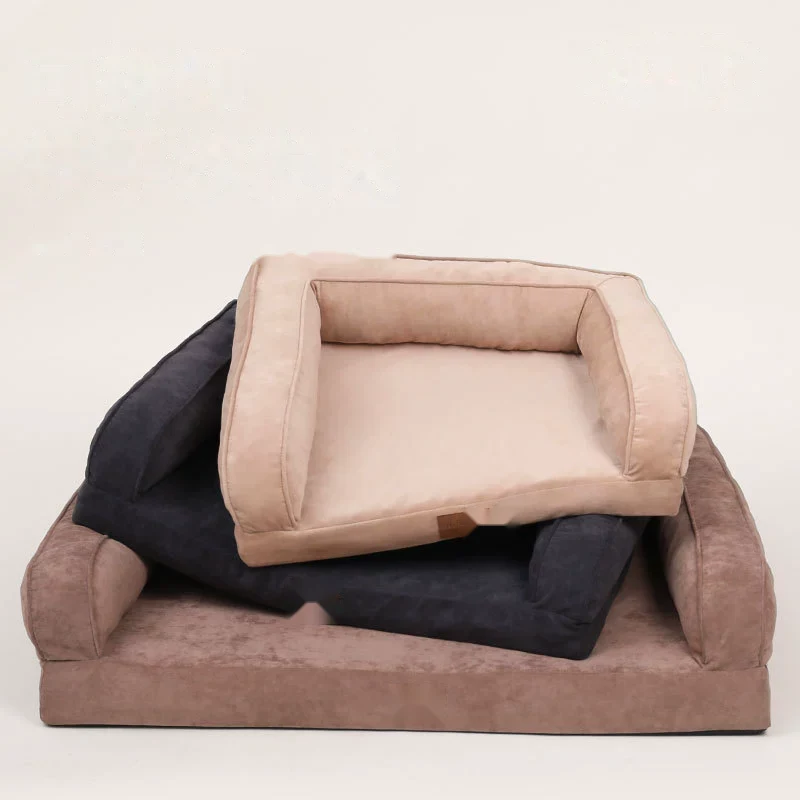Plush velvet bolster sofa pet bed in beige, charcoal and brown, stacked