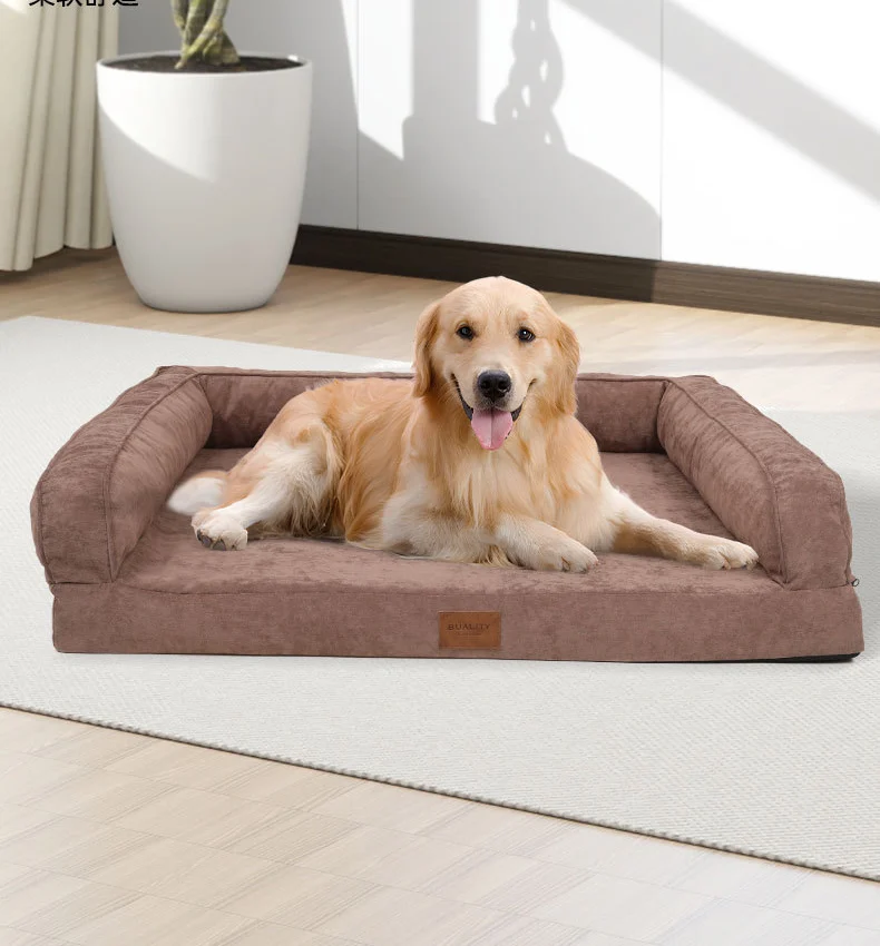 Golden retriever resting in the brown plush velvet bolster sofa bed