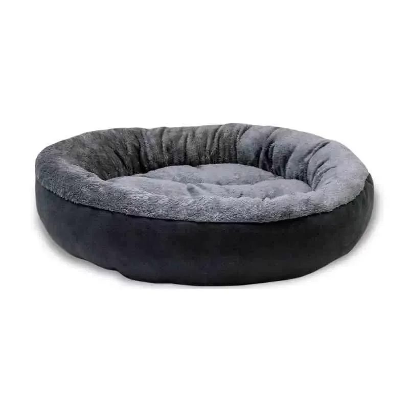 Round donut plush pet bed in grey, side view