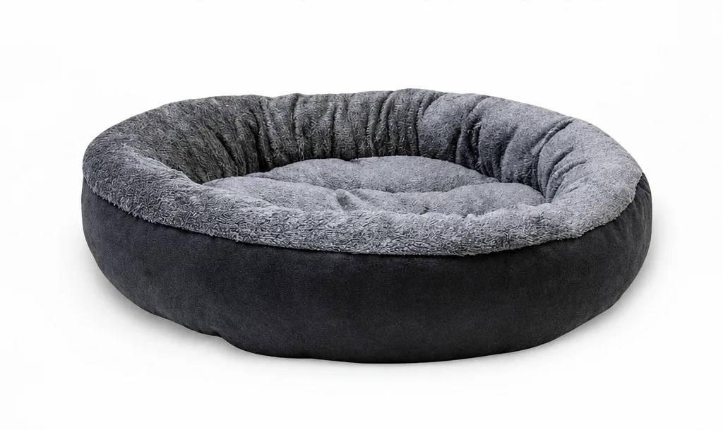 Round donut plush pet bed in grey, front view