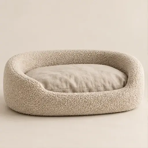 Bouclé pet bed in a warm minimal style