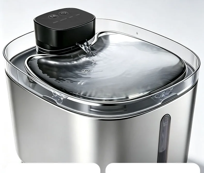 Top view of the water outlet of a stainless steel pet water fountain