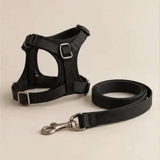 Black dog harness with matching leash