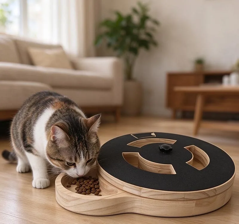 Cat eating from the side tray of a wooden rotating puzzle feeder