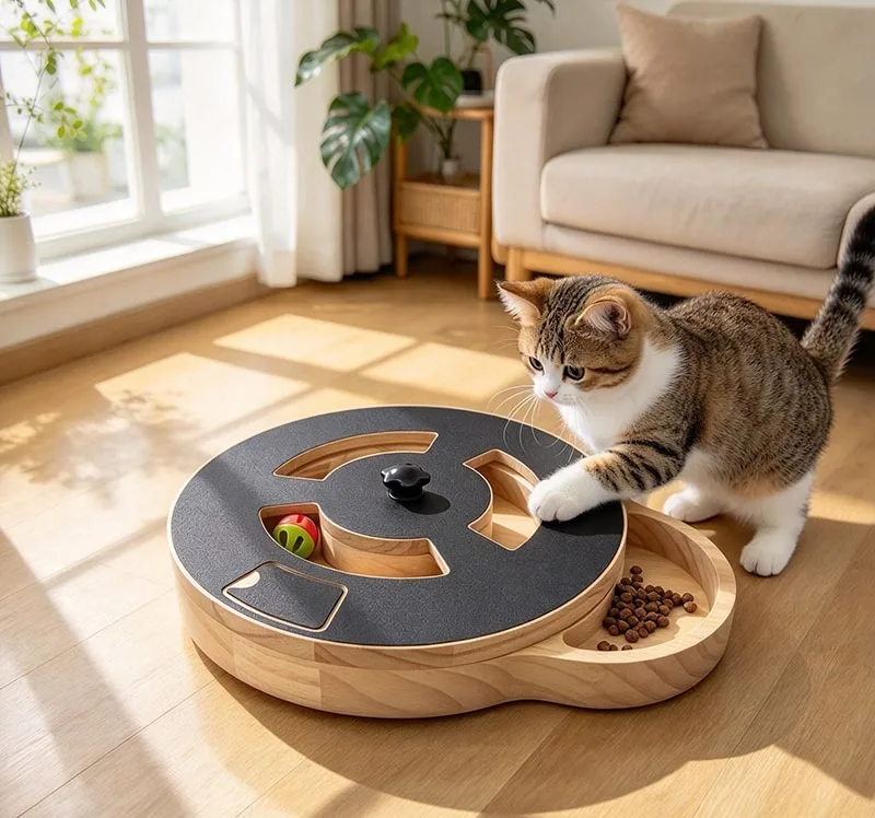 Cat pawing at the ball track of a wooden rotating puzzle feeder