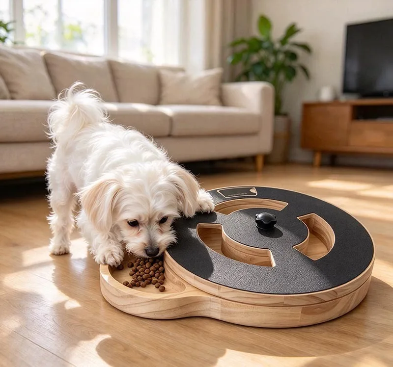 Small white dog eating kibble from the side tray of a wooden puzzle feeder