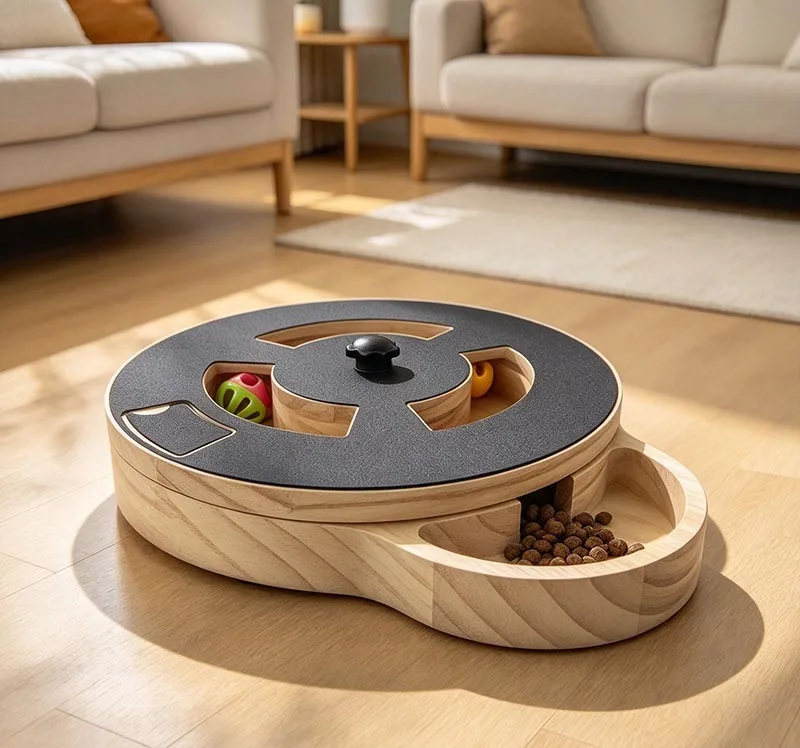 Wooden rotating puzzle feeder with treat compartments and side tray