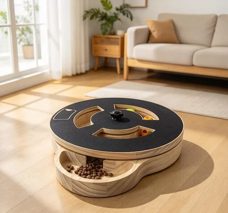 Angled view of the puzzle feeder showing kibble in the side tray