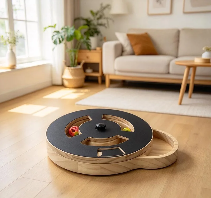 Wooden rotating puzzle feeder on a living room floor